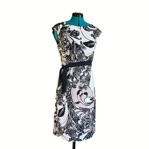 Connected Apparel Size 8 Dress, Black Beige Print, Ruched Side